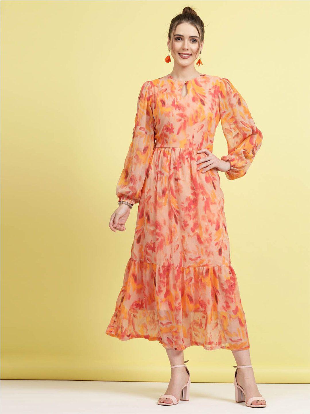 pluss orange floral printed puff sleeves gathered a-line midi dress