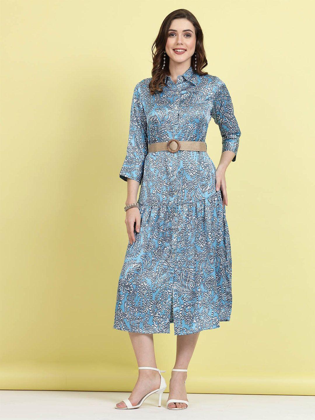 pluss blue floral printed shirt collar belted a-line midi dress