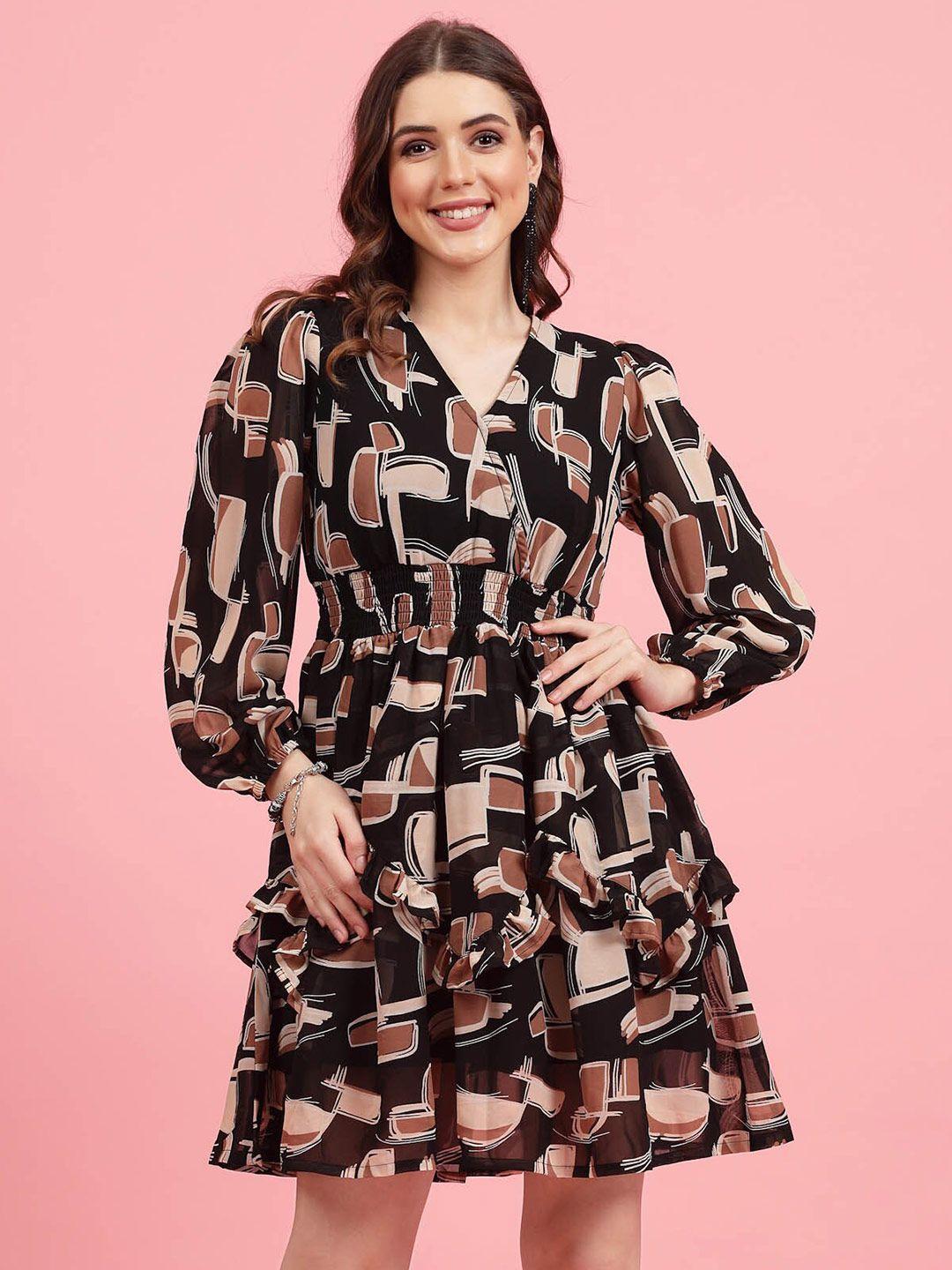 pluss black geometric printed v-neck smocked fit & flare dress