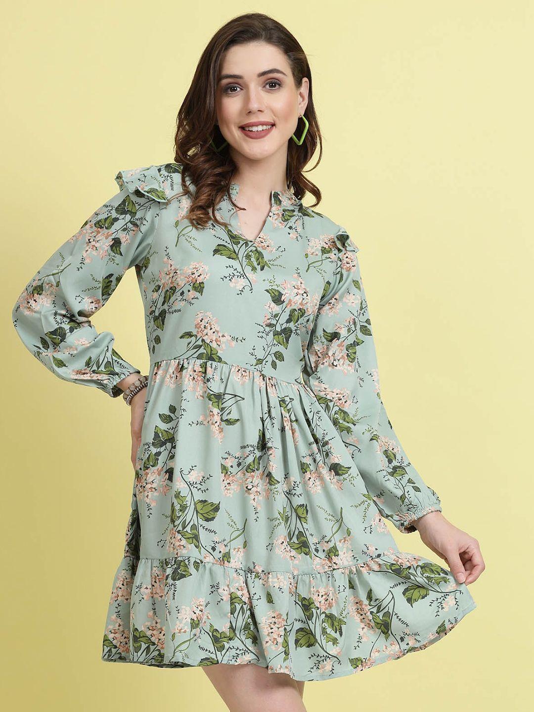 pluss floral printed mandarin collar puff sleeves ruffles detail fit & flare dress