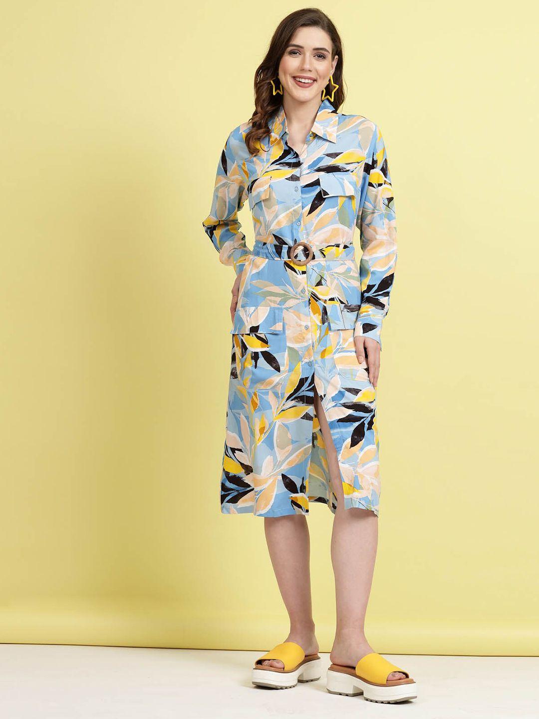 pluss tropical printed shirt collar cuffed sleeves shirt dress