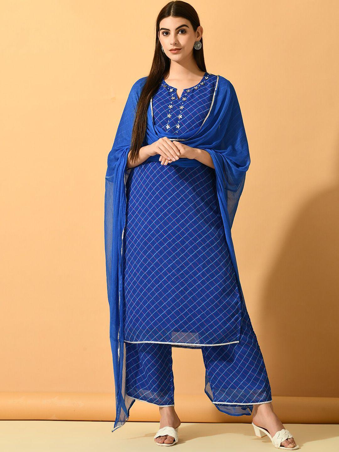 kalini checked regular beads and stones silk chiffon kurta with palazzos & dupatta