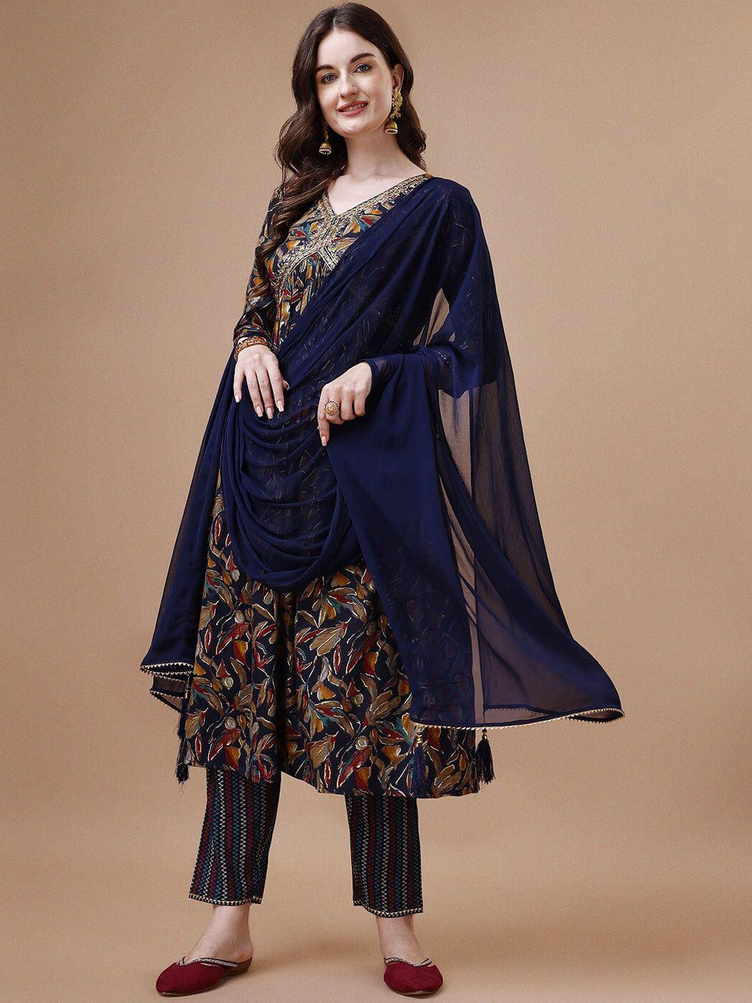 kalini floral printed thread work detail empire a-line kurta & trousers with dupatta