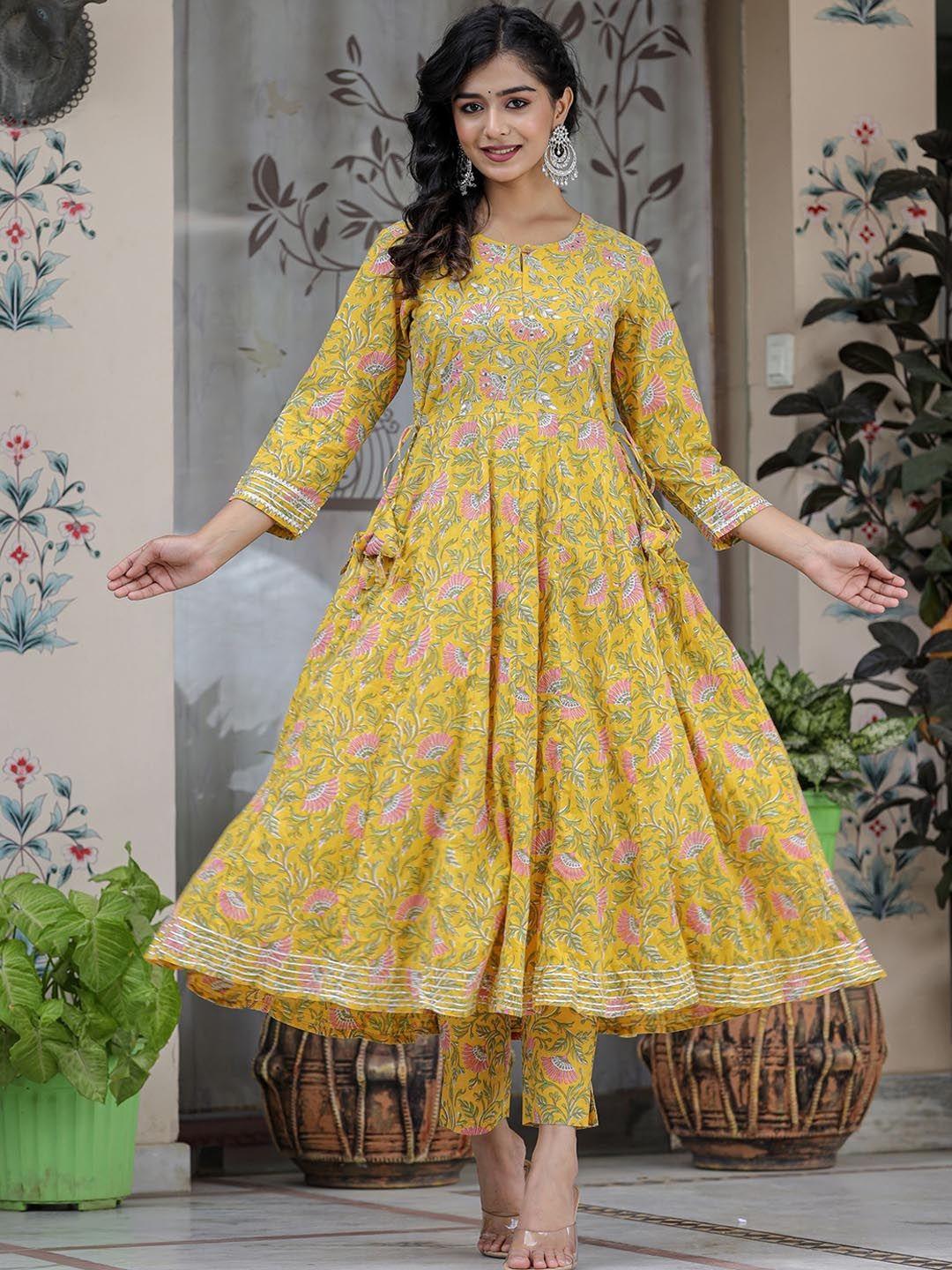 kaajh floral printed mirror work detail pure cotton anarkali kurta with trousers