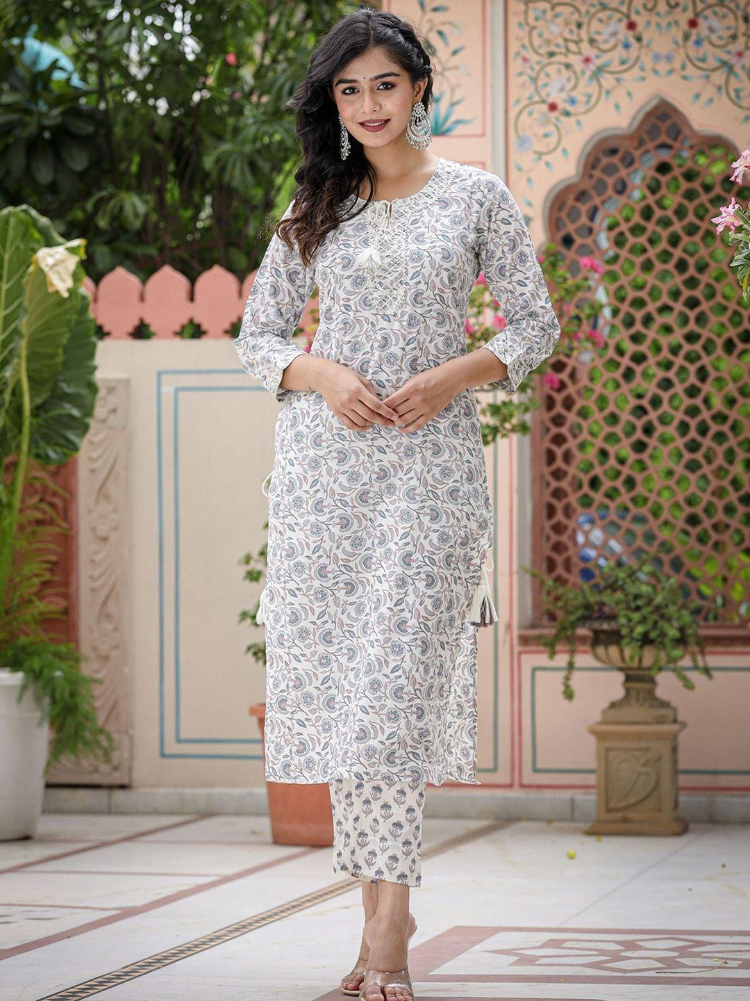 kaajh floral printed tie-up neck gotta patti pure cotton straight kurta with trousers