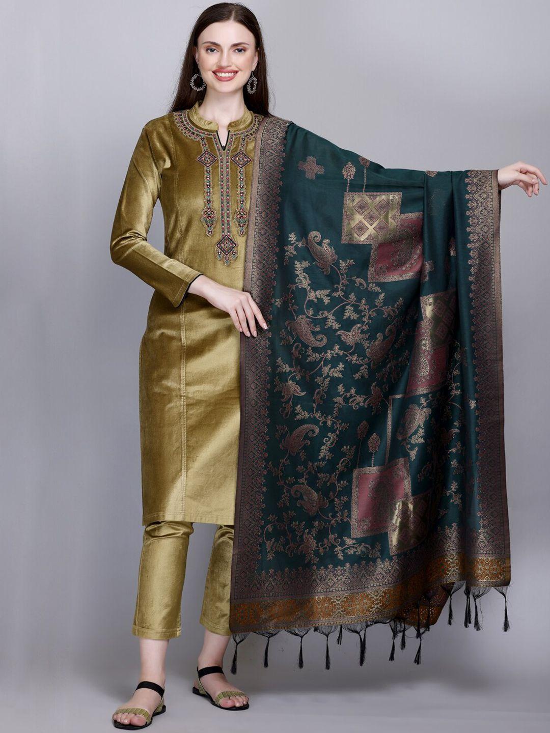 velvtine ethnic motifs embroidered thread work pure wool kurta with trousers & dupatta