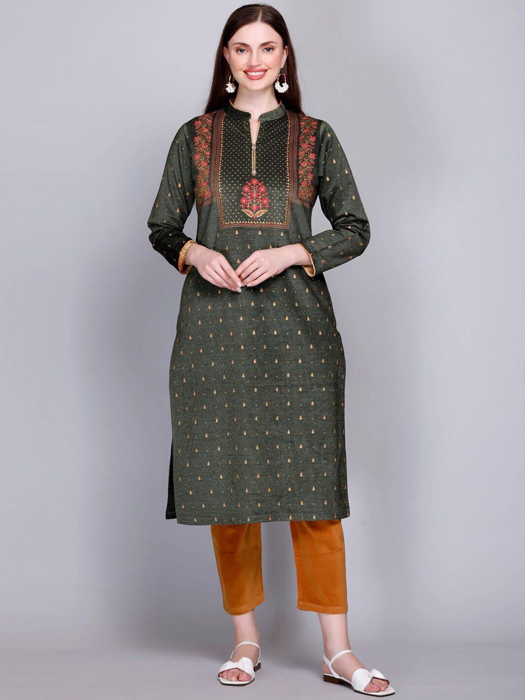 velvtine floral embroidered regular pure wool kurta with trousers & dupatta