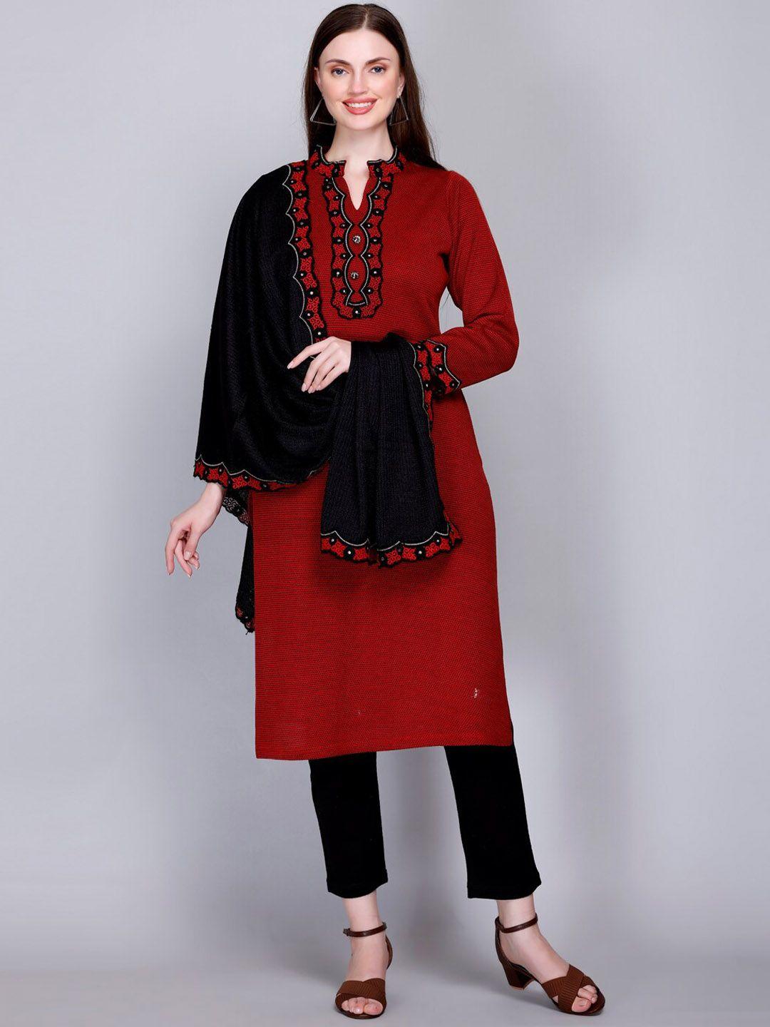 velvtine yoke design regular pure wool kurta with trousers & dupatta