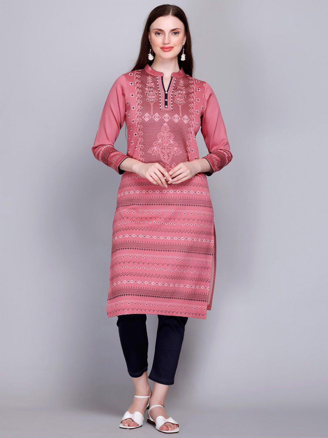 velvtine floral printed regular pure wool kurta with trousers