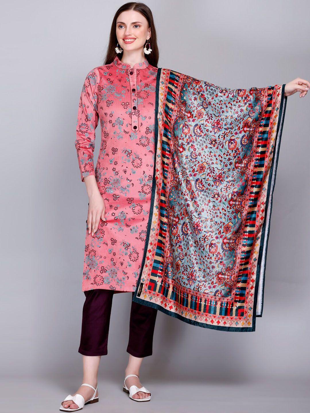 velvtine floral printed regular pure wool kurta with trousers & dupatta