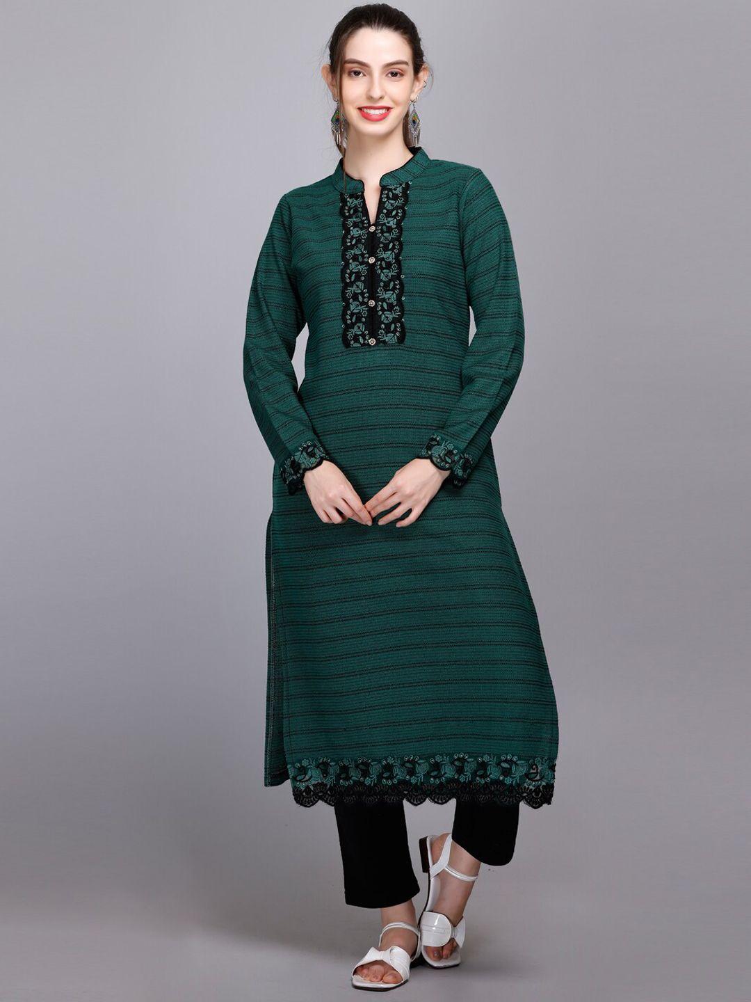 velvtine yoke design regular thread work pure wool kurta with trousers & dupatta