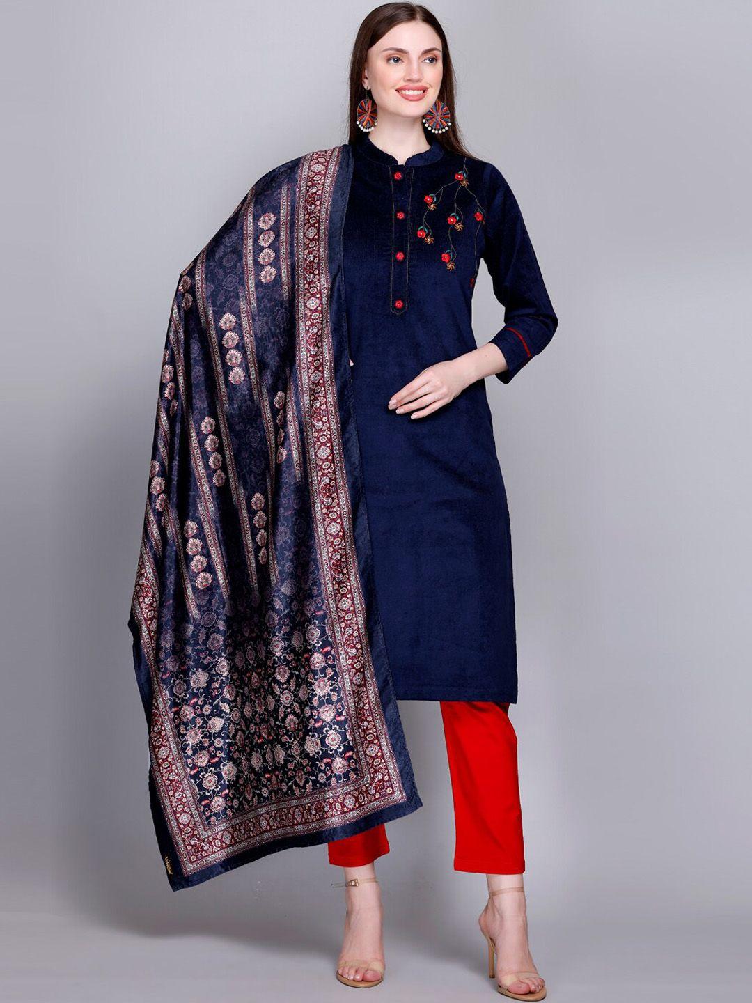 velvtine floral yoke design regular pure wool kurta with trousers & dupatta