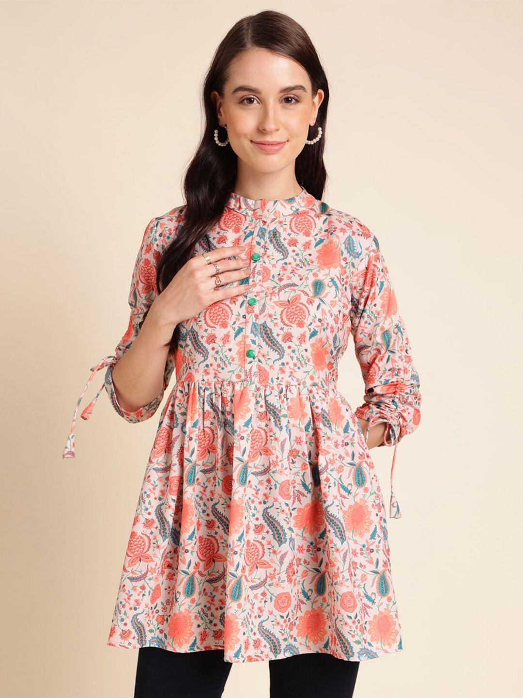 sangria orange floral printed mandarin collar pleated a-line kurti