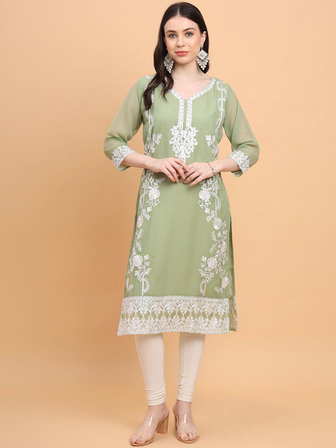 here&now olive green ethnic motifs embroidered georgette kurta