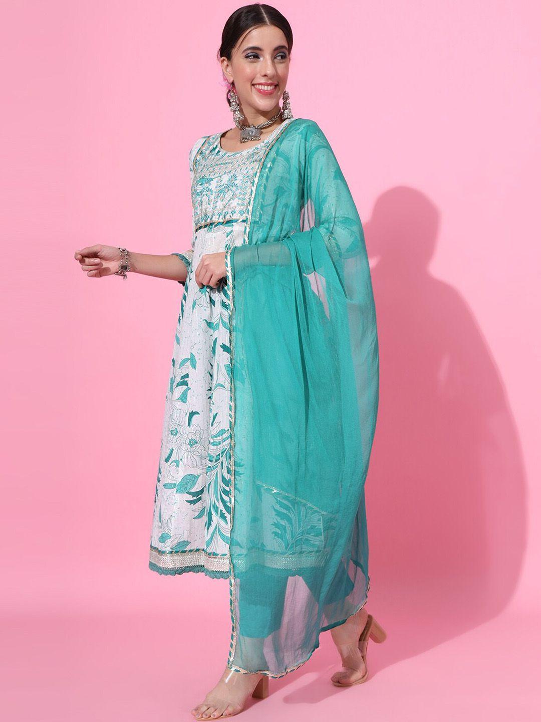 jaipur prime floral printed empire pure cotton kurta with trousers & dupatta