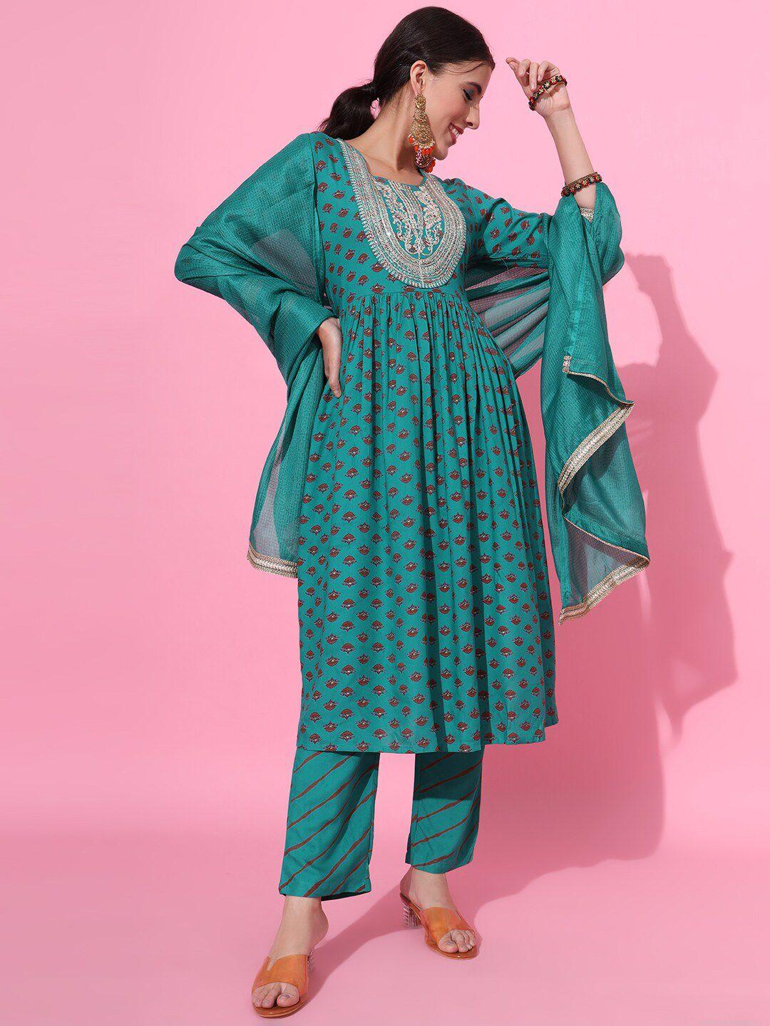 jaipur prime ethnic motifs printed pleated thread work kurta with trousers & dupatta