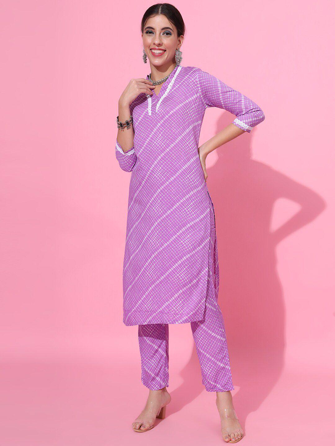 jaipur prime checked v-neck regular thread work kurta with trousers