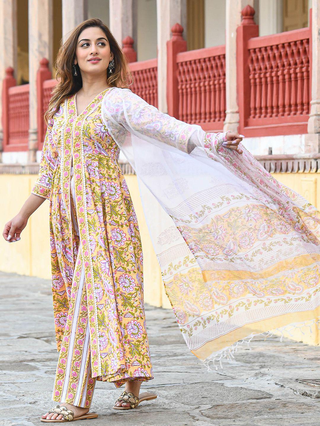 bunaai floral printed v-neck anarkali pure cotton kurta with trousers & with dupatta