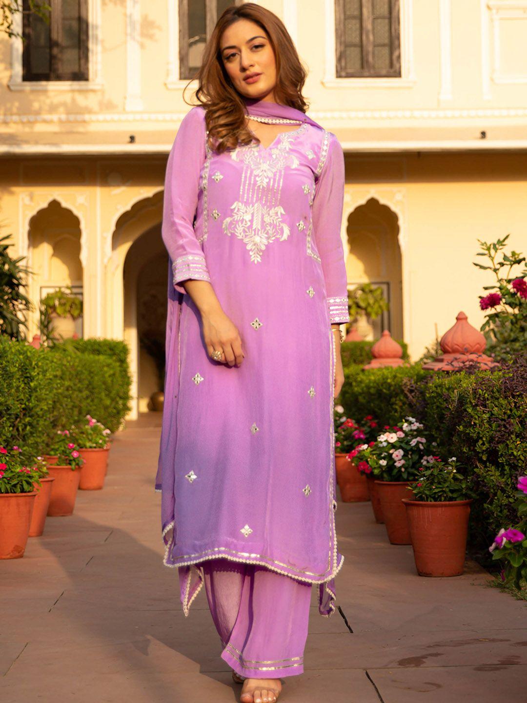 bunaai women ethnic motifs embroidered straight kurta with palazzos & with dupatta