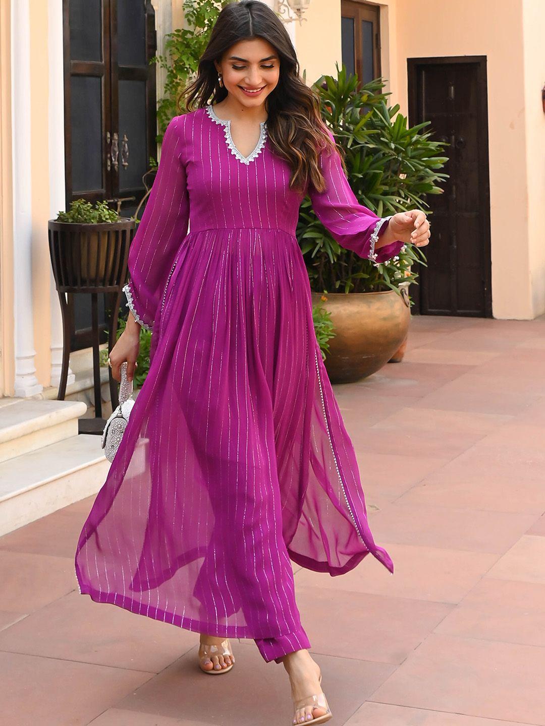 bunaai striped sequinned detail pleated a-line kurta with trouser