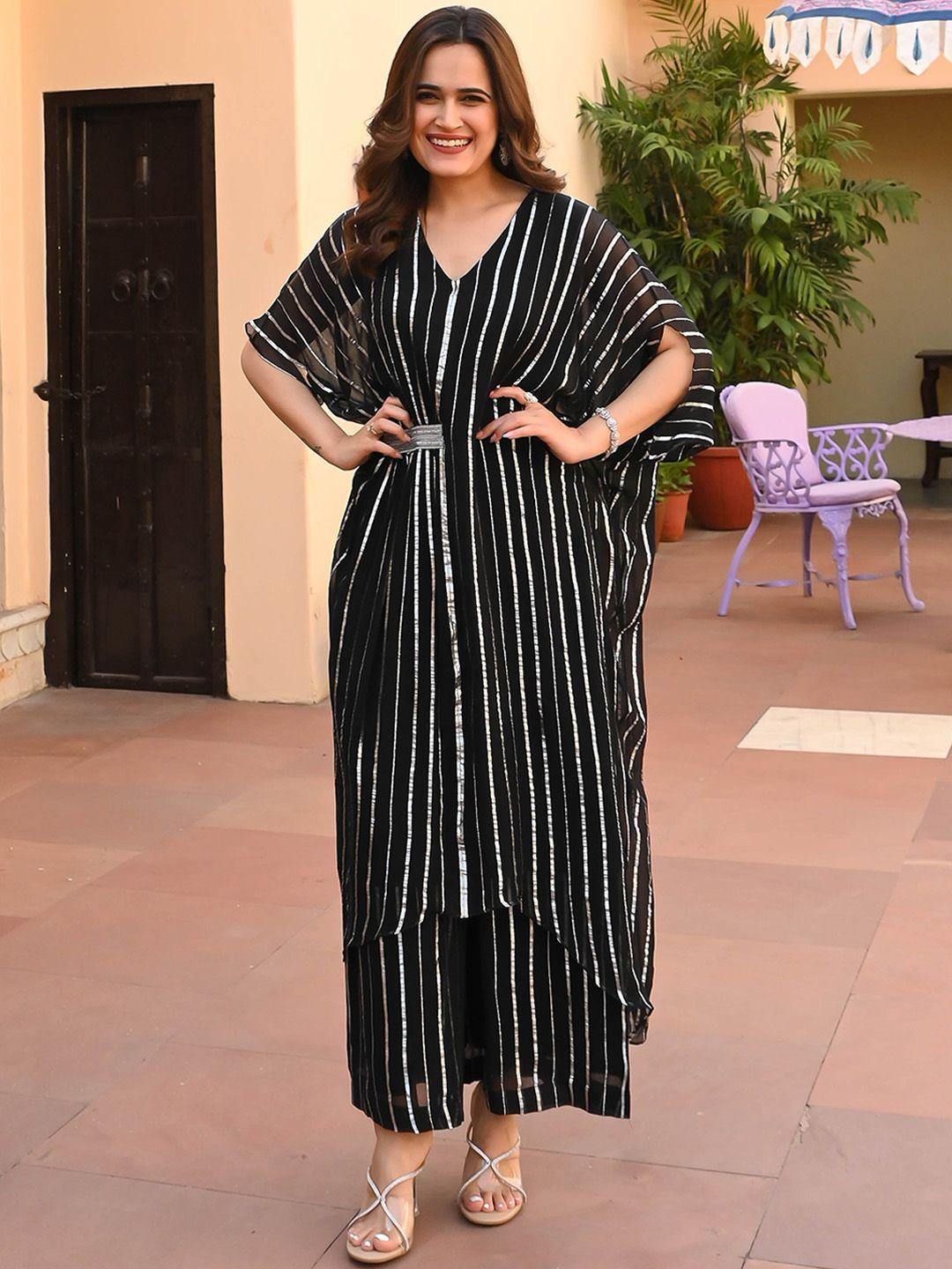 bunaai striped v-neck gotta patti high low kaftan kurta with palazzos