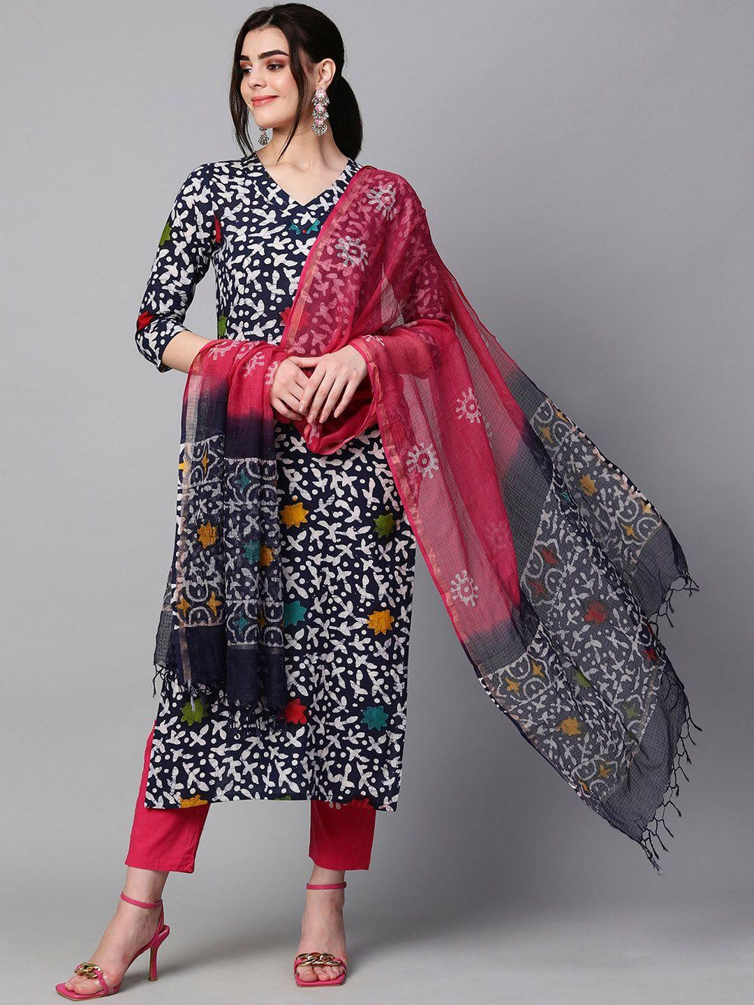 kalini abstract printed v-neck regular kurta with trousers & dupatta