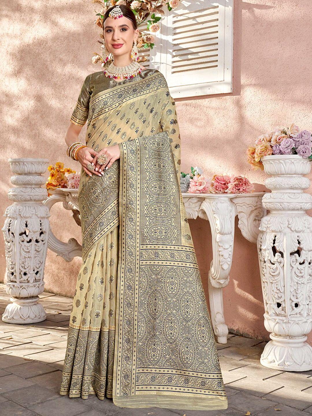 anouk cream colour & blue ethnic motifs linen blend saree