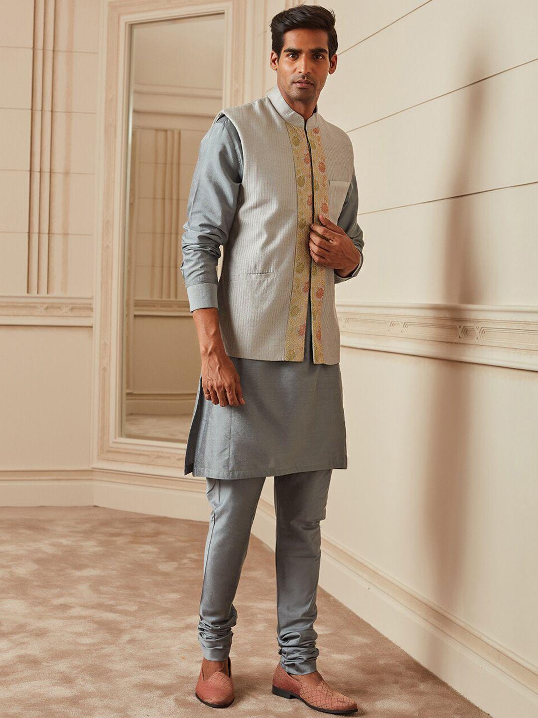 tasva mandarin collar straight kurta with churidar & nehru jacket