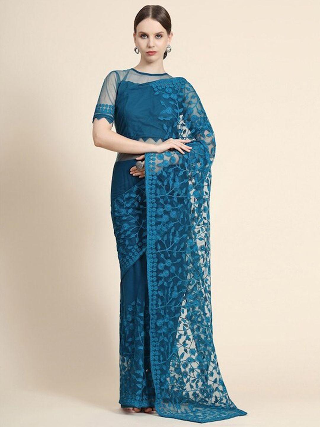 mitera blue floral embroidered net saree