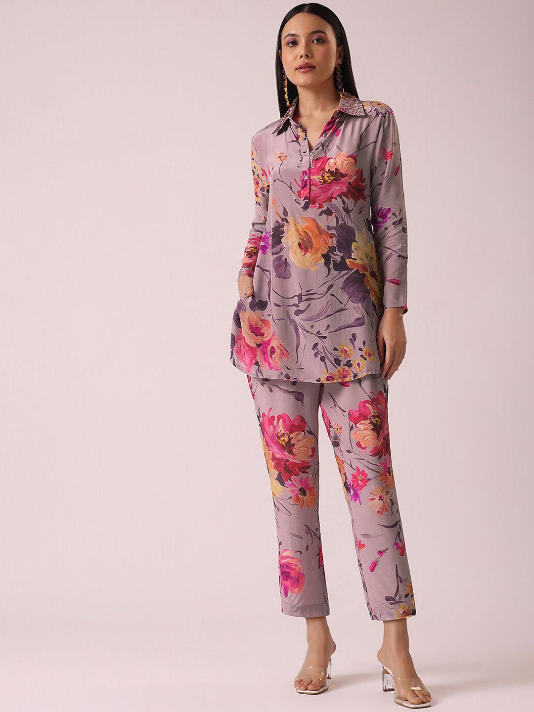 kalki fashion floral printed shirt collar tunic with trouser