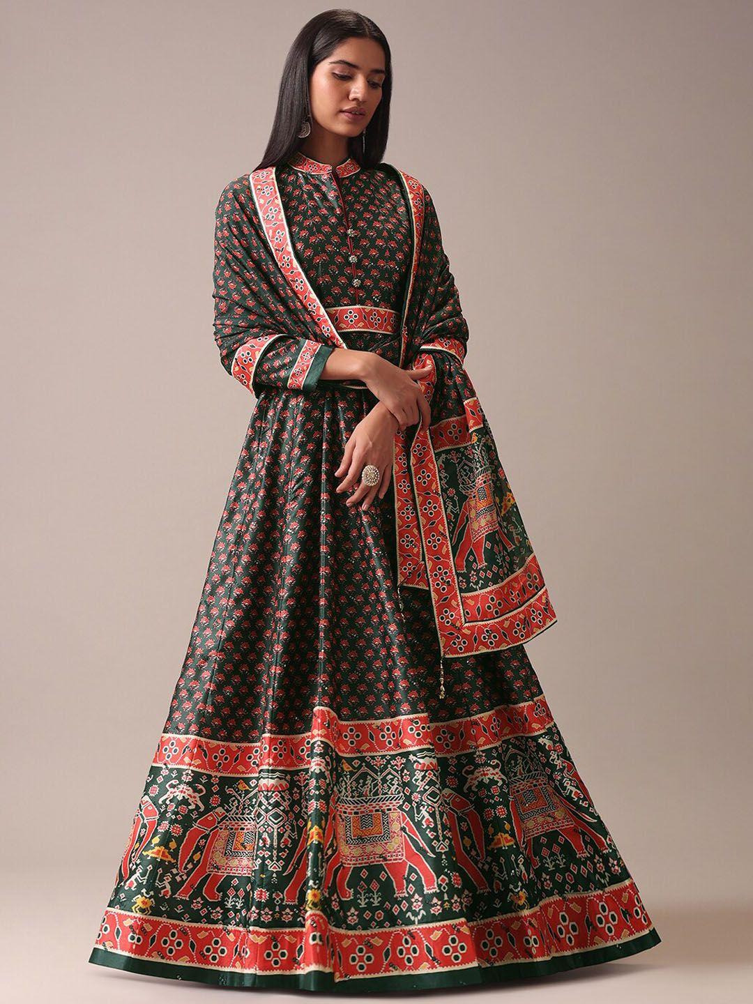 kalki fashion floral printed mandarin collar fit & flare maxi ethnic dress with dupatta