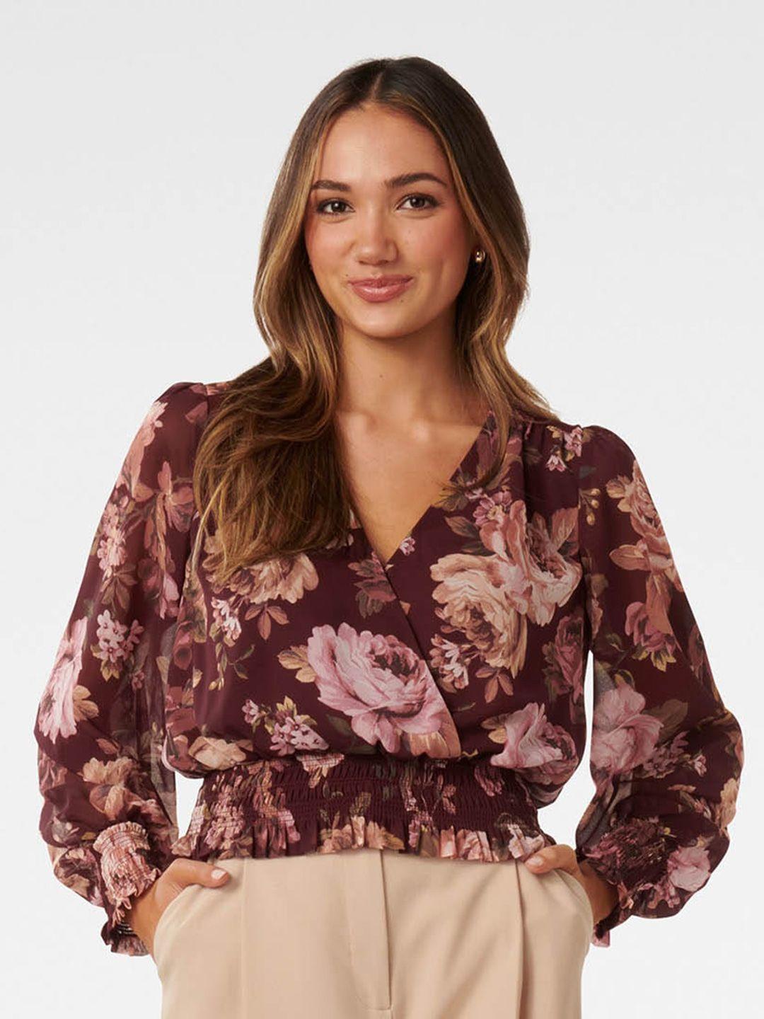 forever new floral printed v-neck puff sleeves wrap top