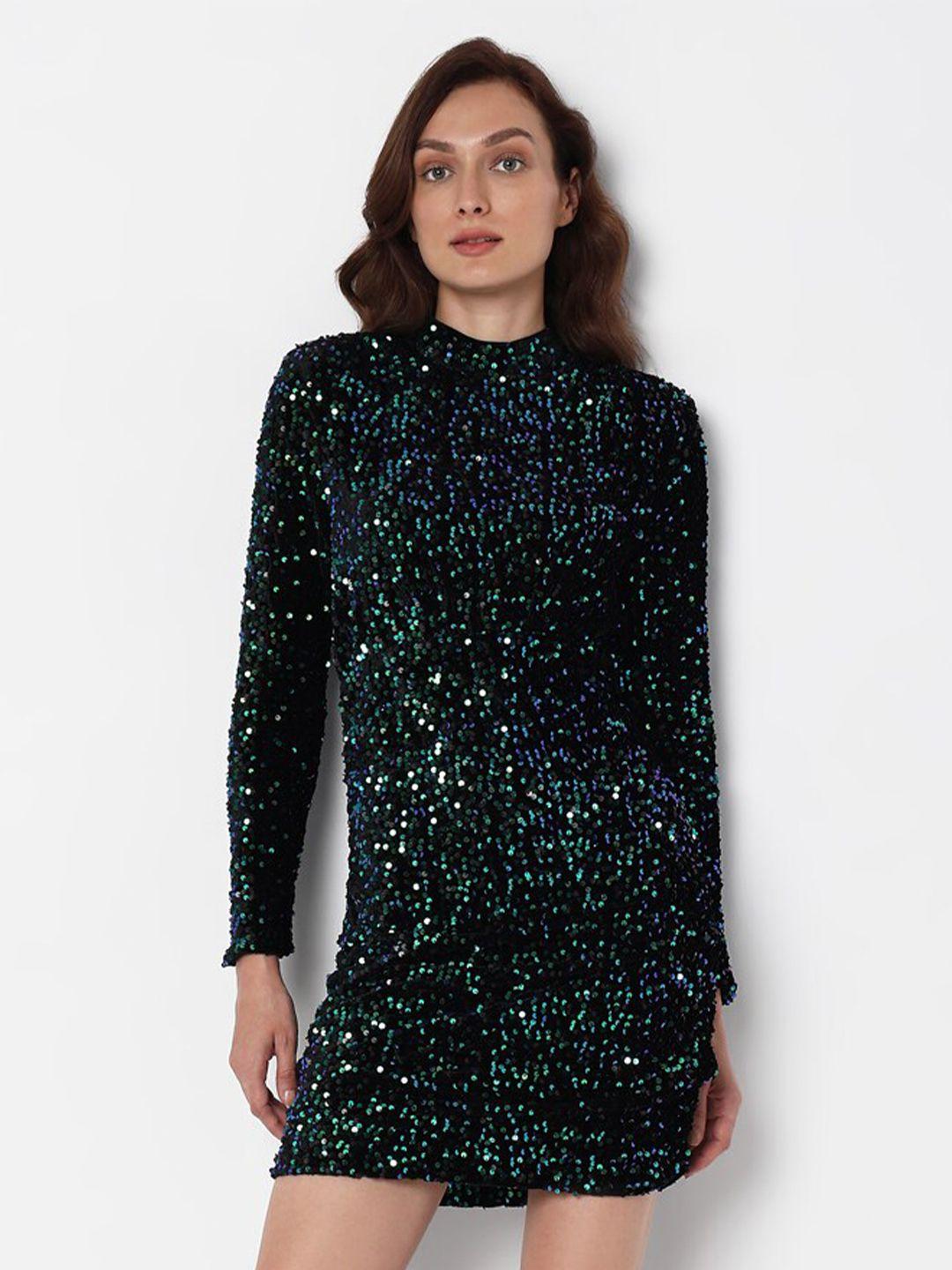 vero moda high neck sequinned embellished sheath mini dress