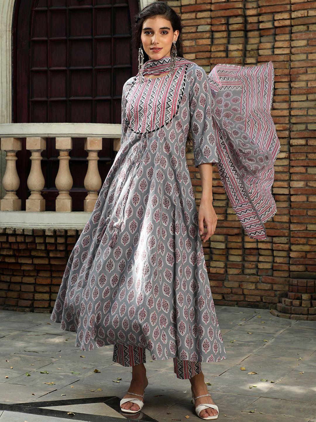 jaipur kurti ethnic motifs printed pure cotton anarkali kurta with trousers & dupatta