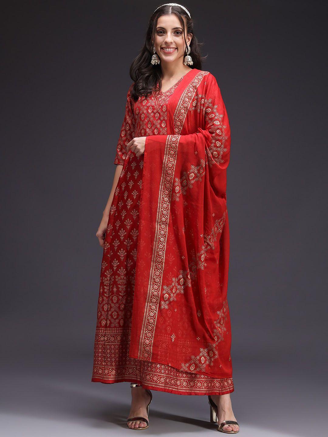 heeposh ethnic motifs printed a-line kurta with trousers & dupatta