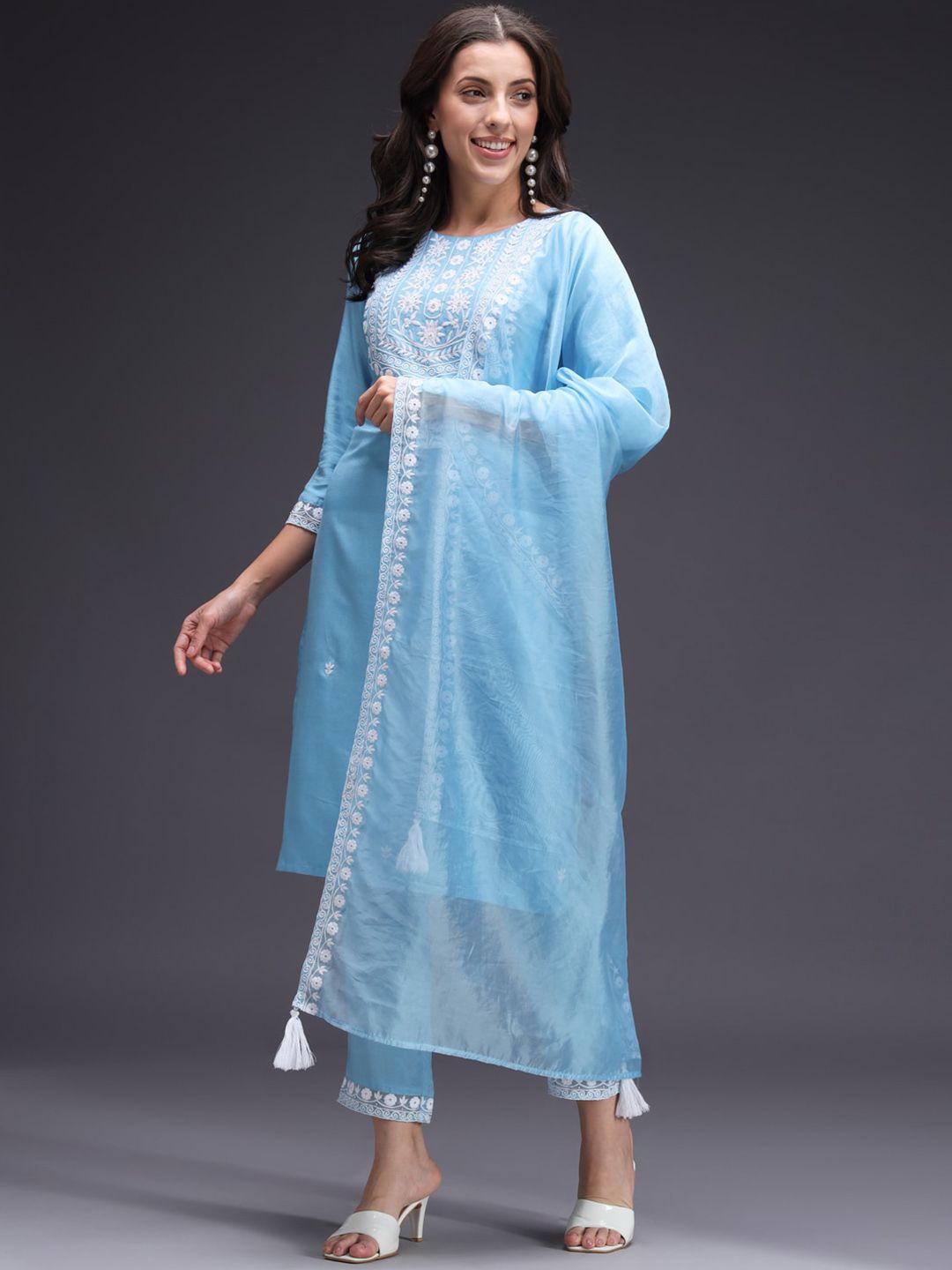 heeposh floral embroidered thread work straight kurta with trousers & dupatta