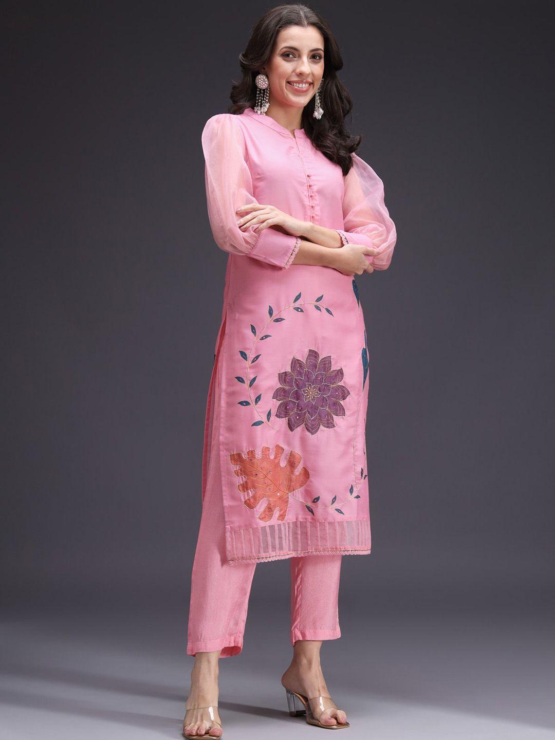 heeposh floral printed regular thread work kurta with trousers & dupatta