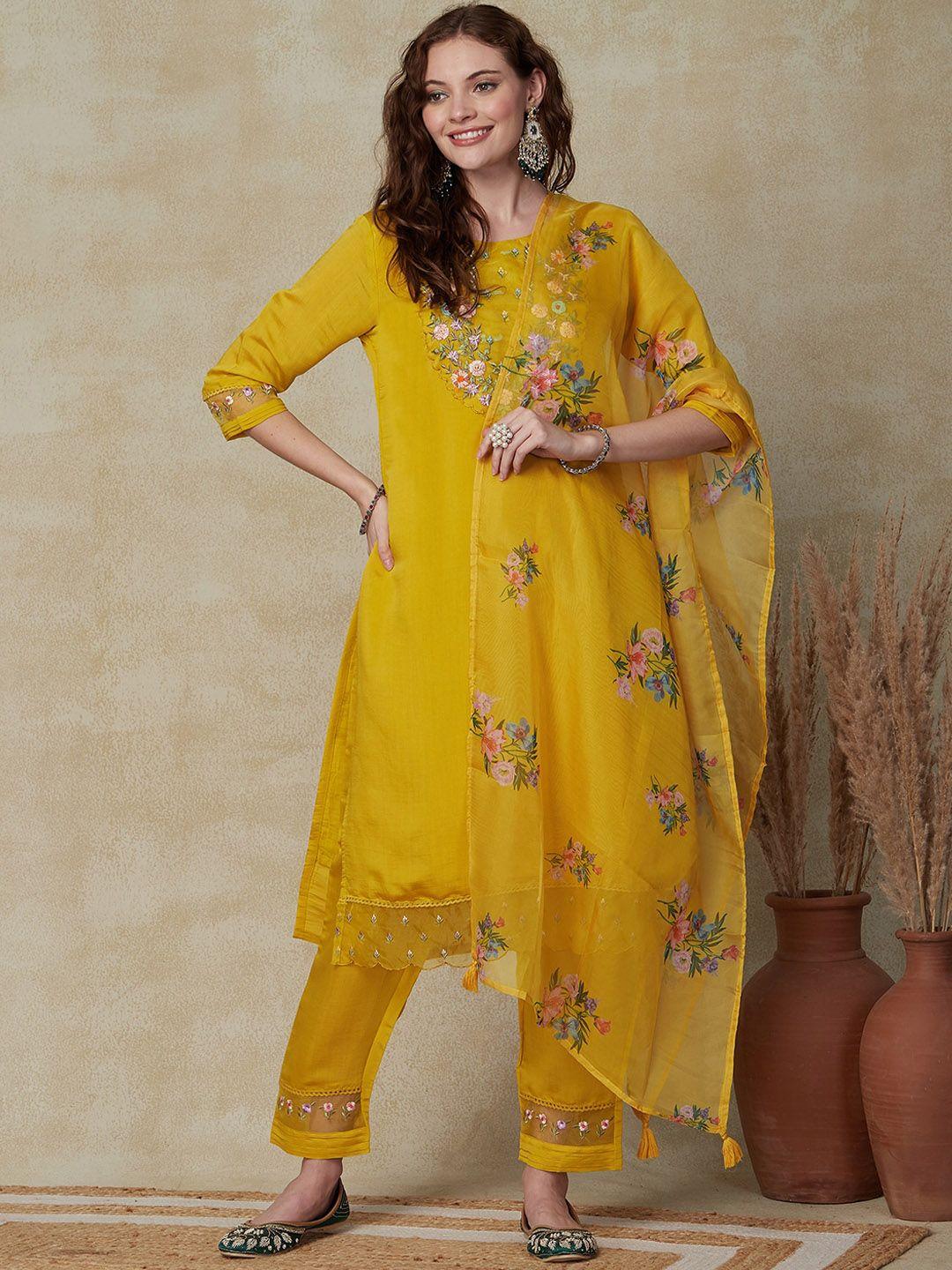 fashor floral yoke design regular beads and stones organza kurta with trousers & dupatta