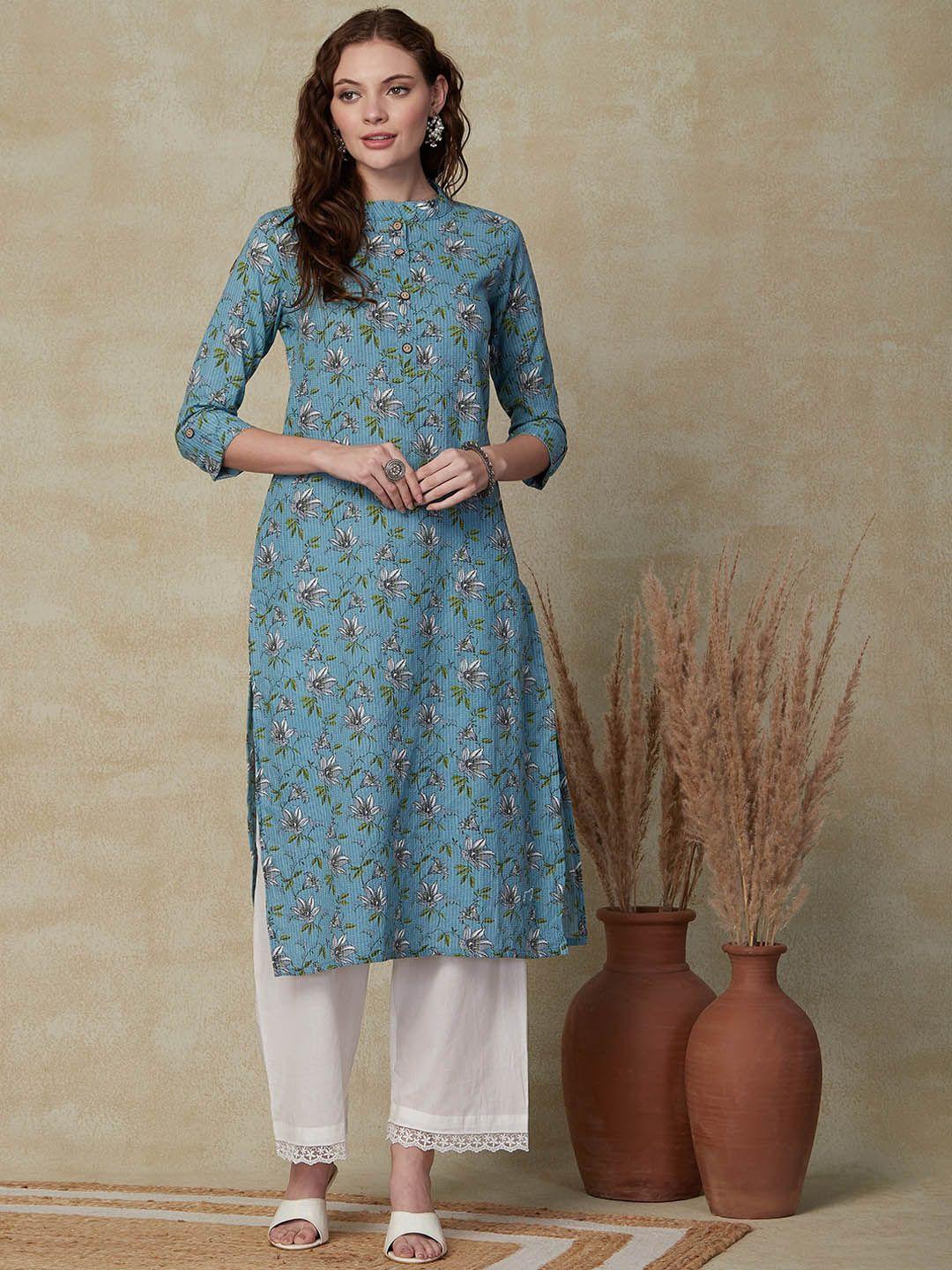 fashor floral printed mandarin collar pure cotton straight kurta