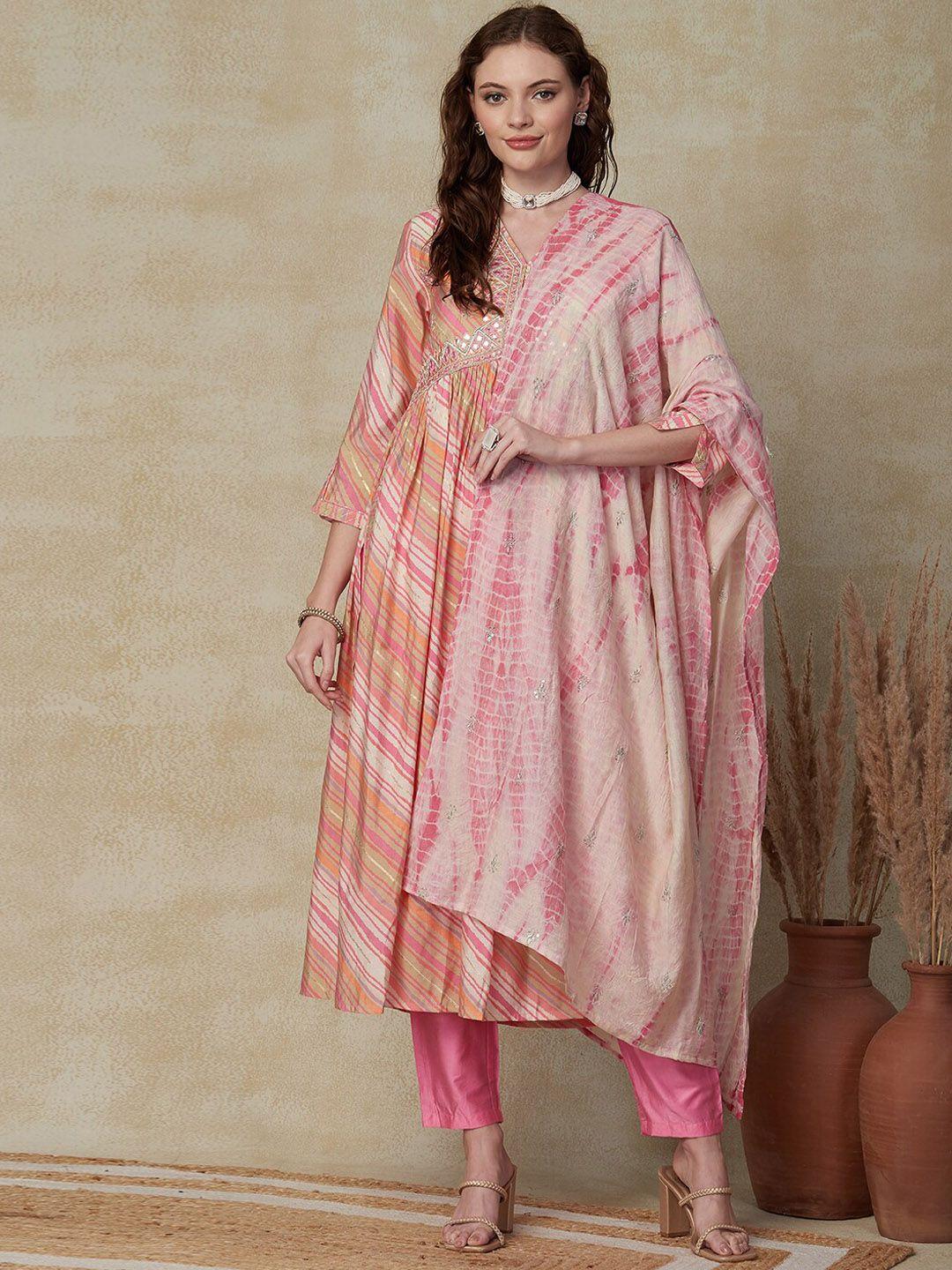 fashor leheriya printed v-neck empire mirror work a-line kurta & trousers with dupatta