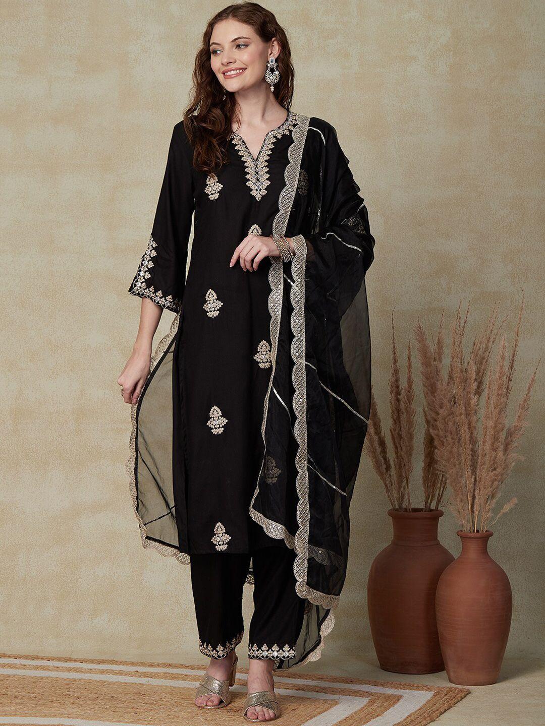 fashor ethnic motifs embroidered mirror work kurta & trousers with dupatta