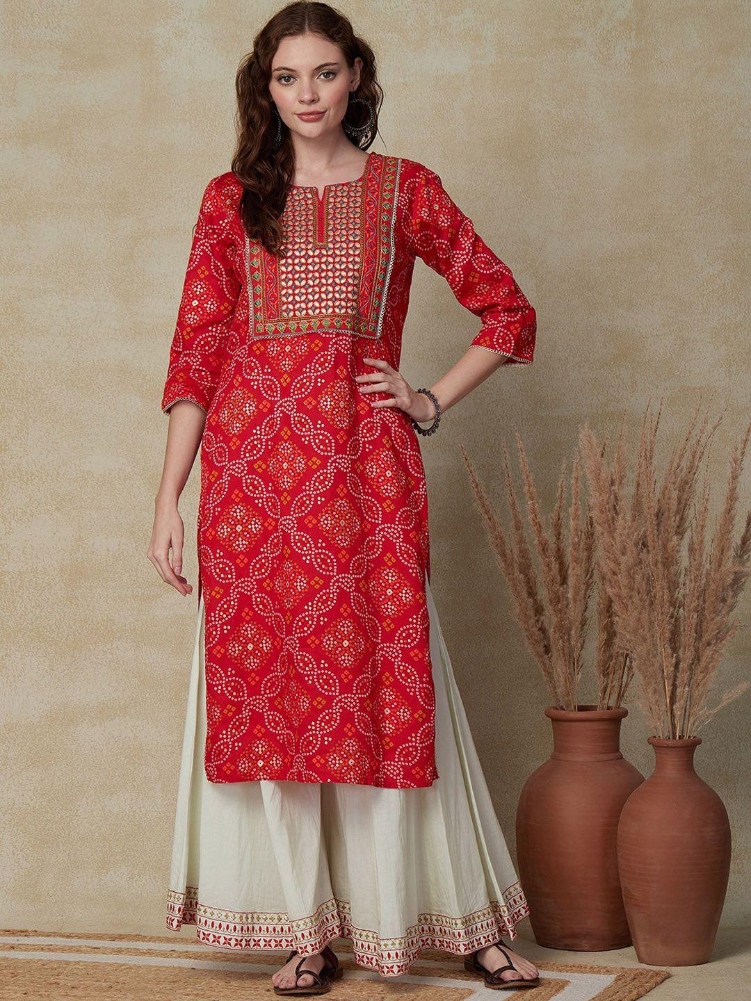 fashor bandhani printed embroidered pure cotton straight kurta