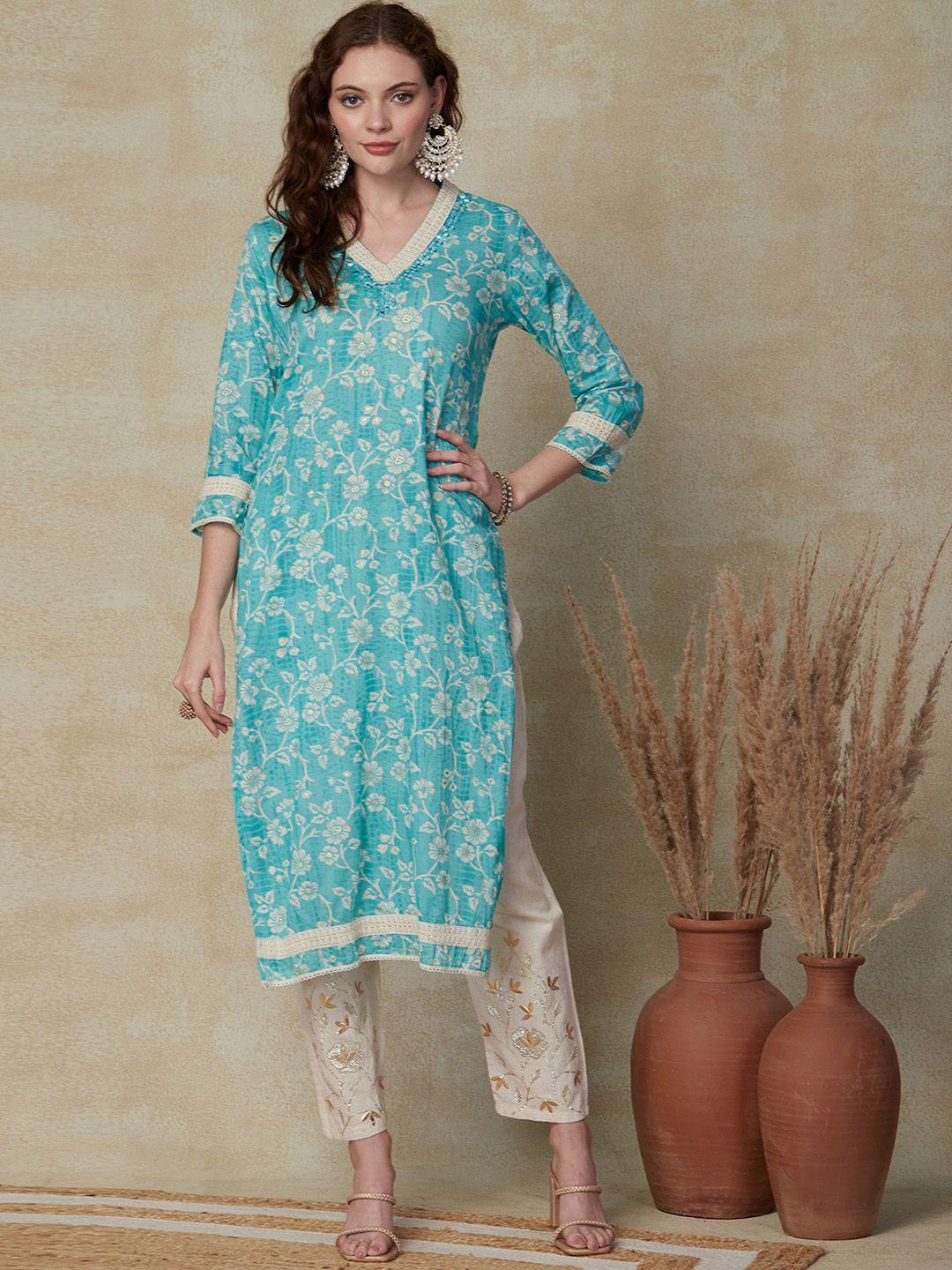 fashor floral printed mirror work v-neck pure cotton straight kurta