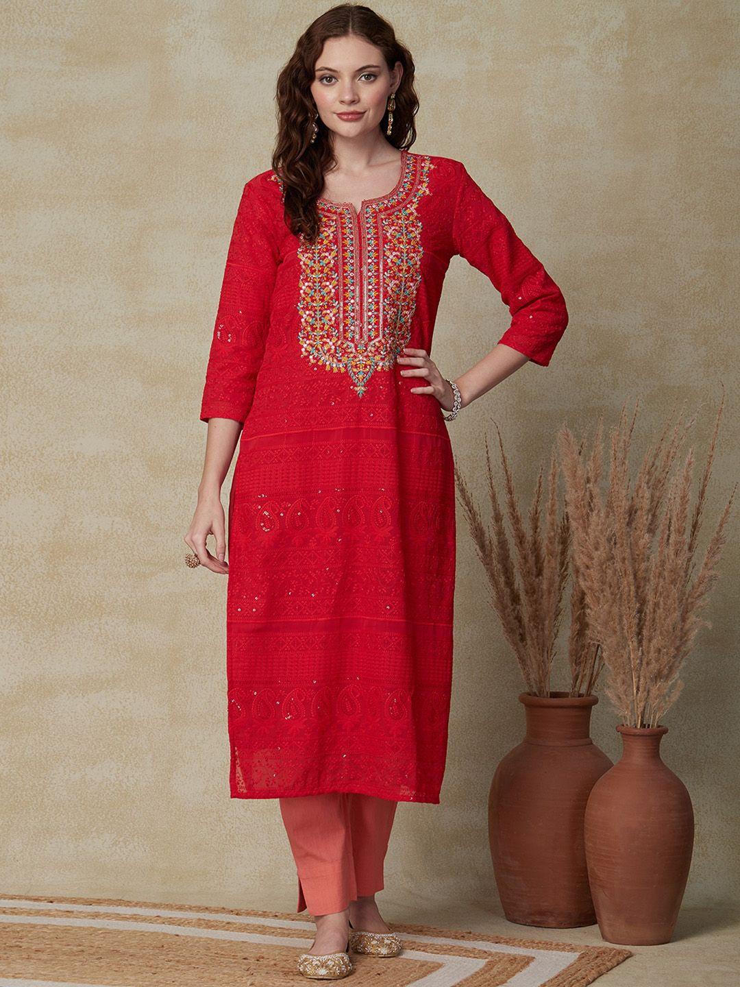 fashor embroidered notched round neck straight kurta