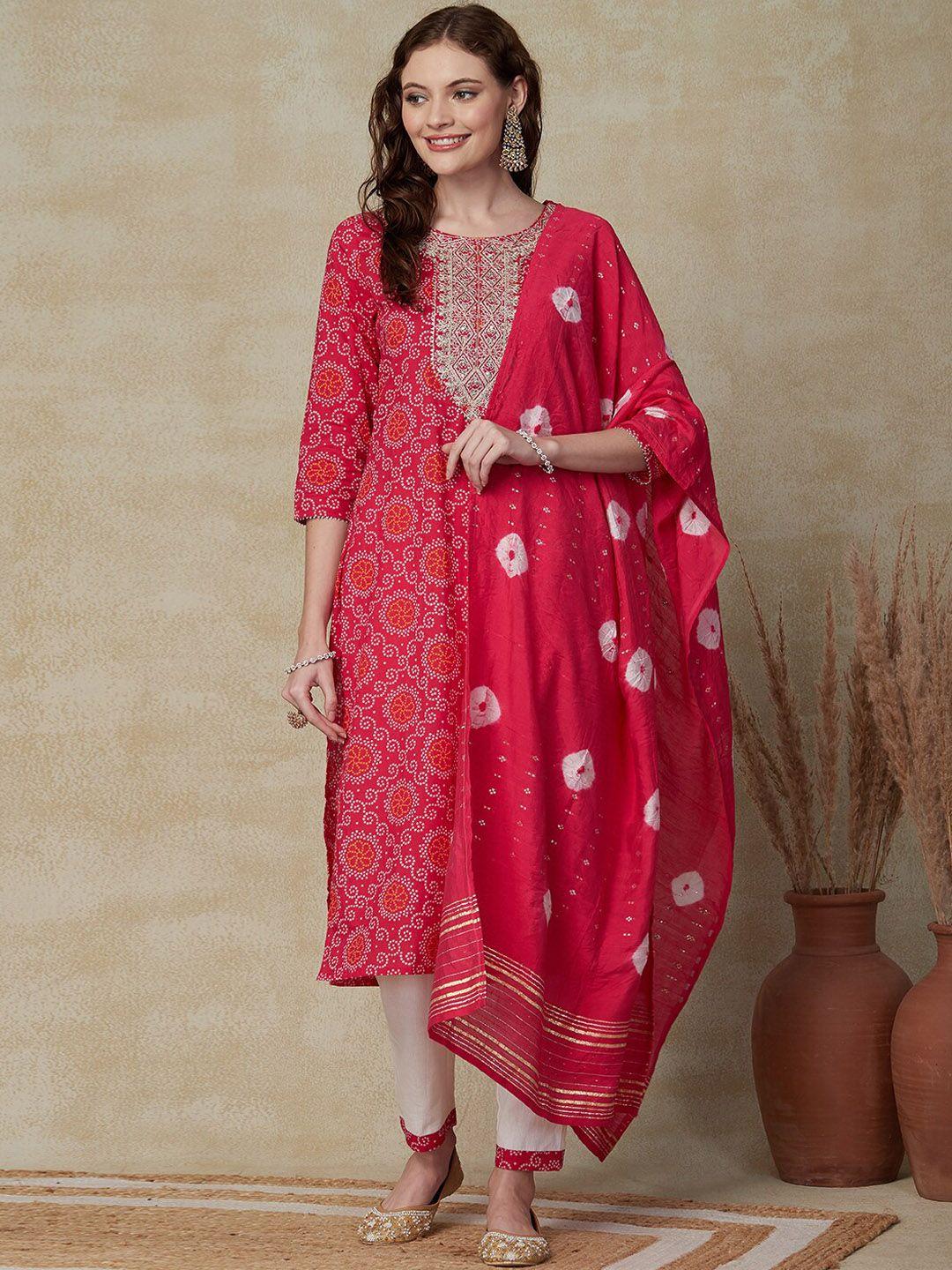 fashor bandhani printed thread work pure cotton kurta & trousers with dupatta