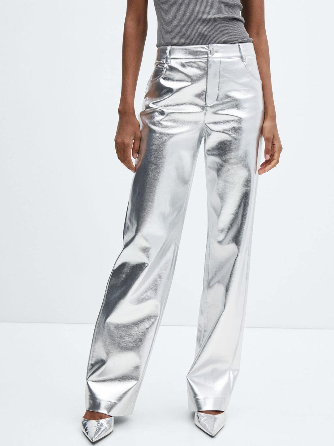 mango women metallic faux leather trousers