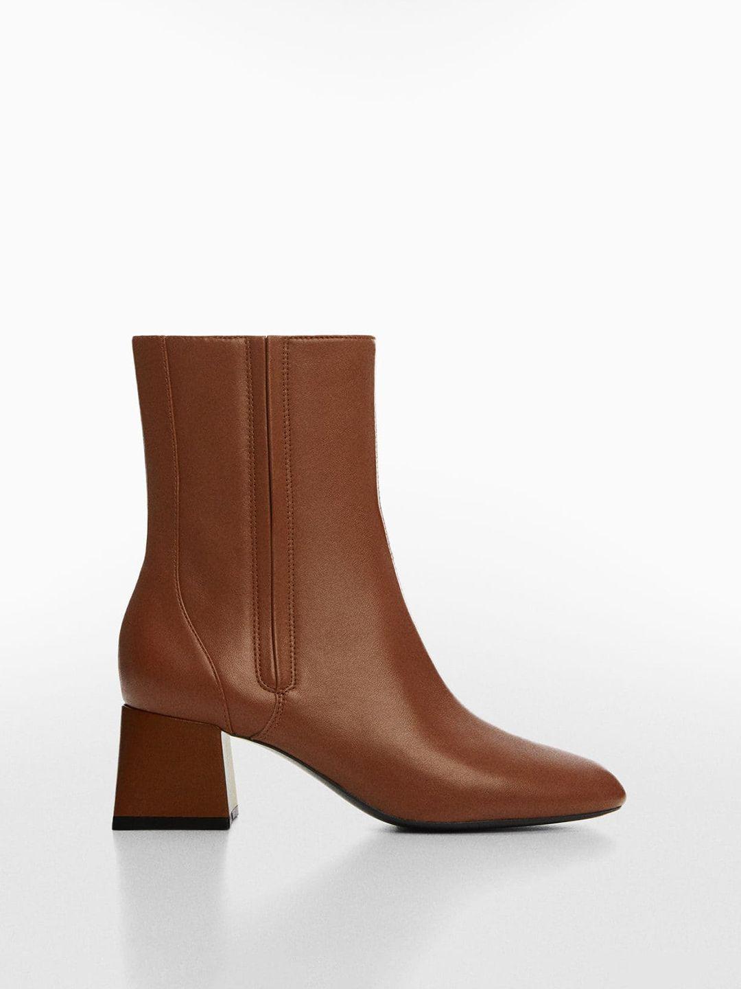 mango women round-toe mid-top leather block heel boots