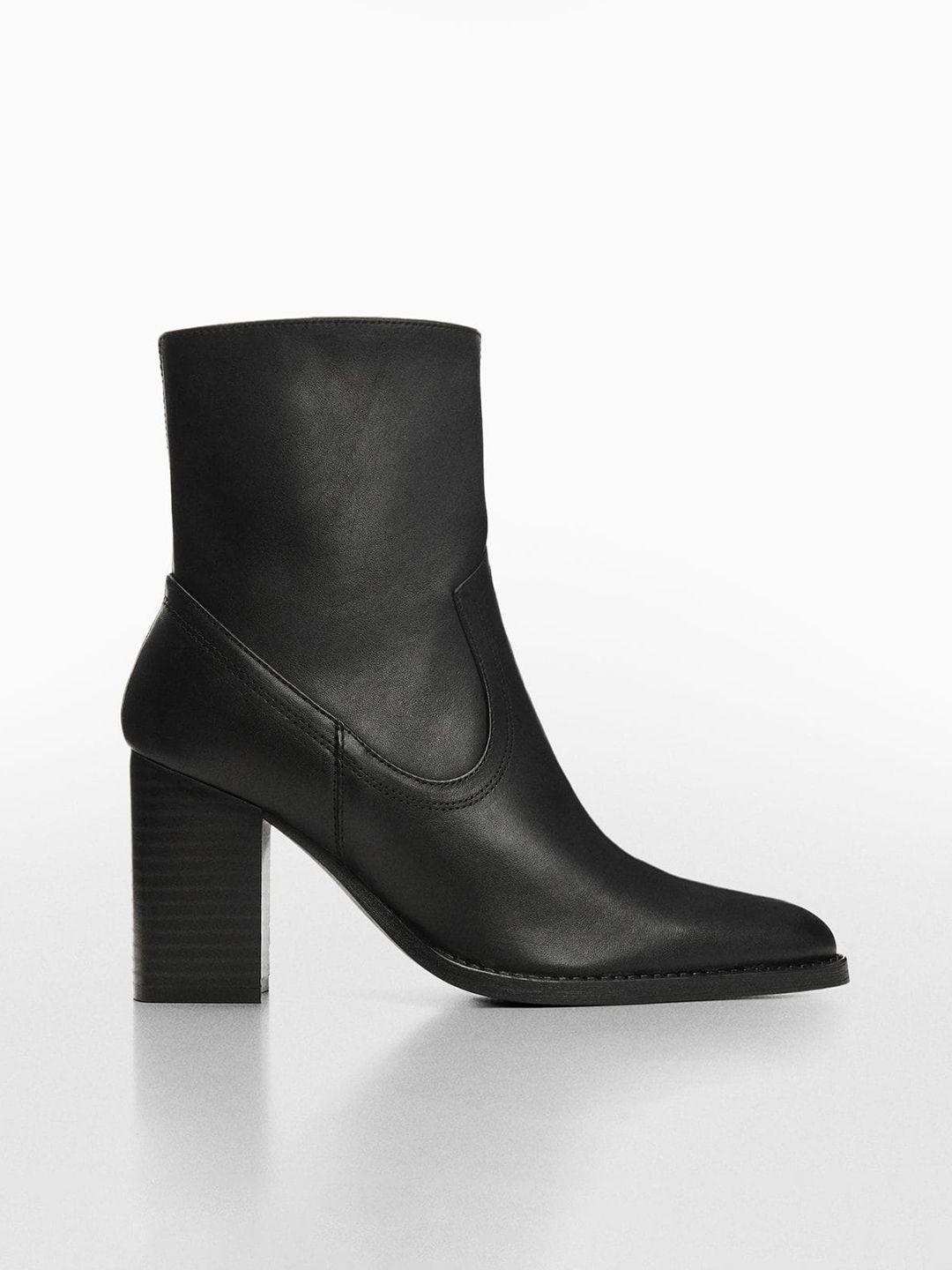 mango women pointed-toe mid-top leather block heel boots