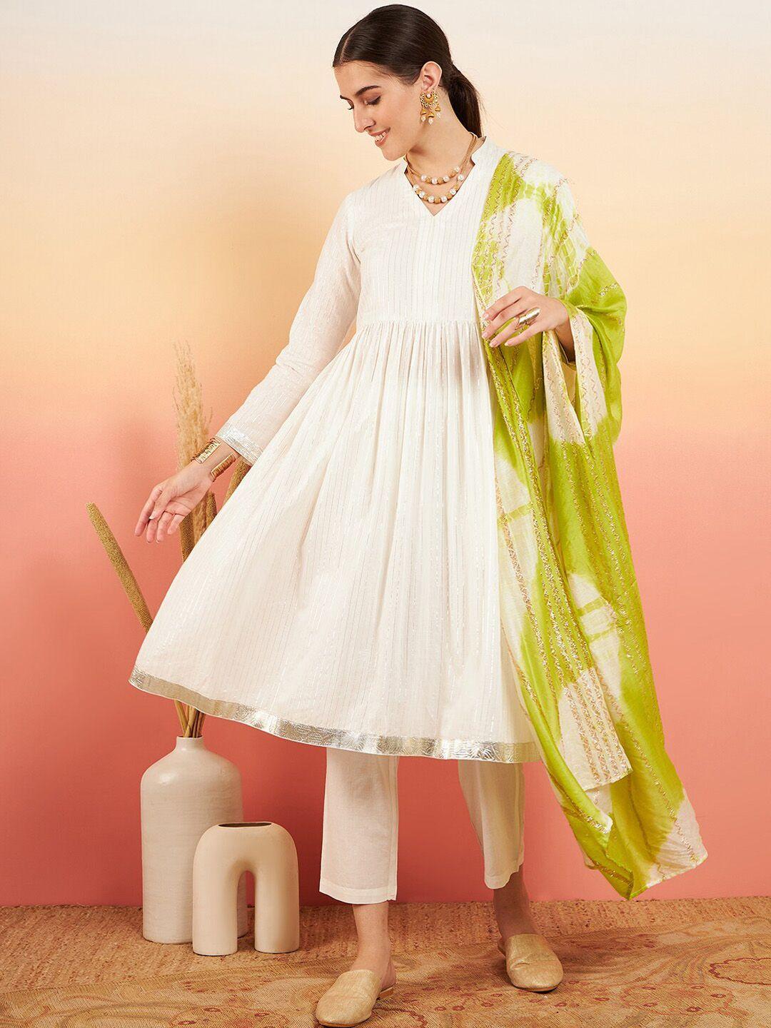 sangria white v-neck anarkali kurta & trousers with dupatta