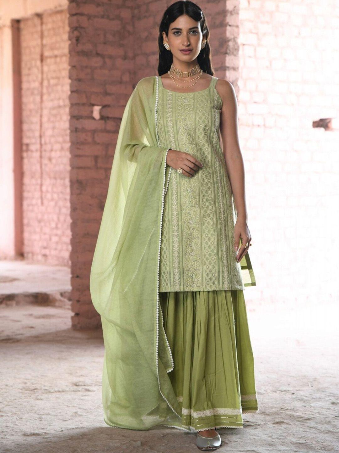 karaj jaipur ethnic motifs embroidered straight kurta with sharara & dupatta